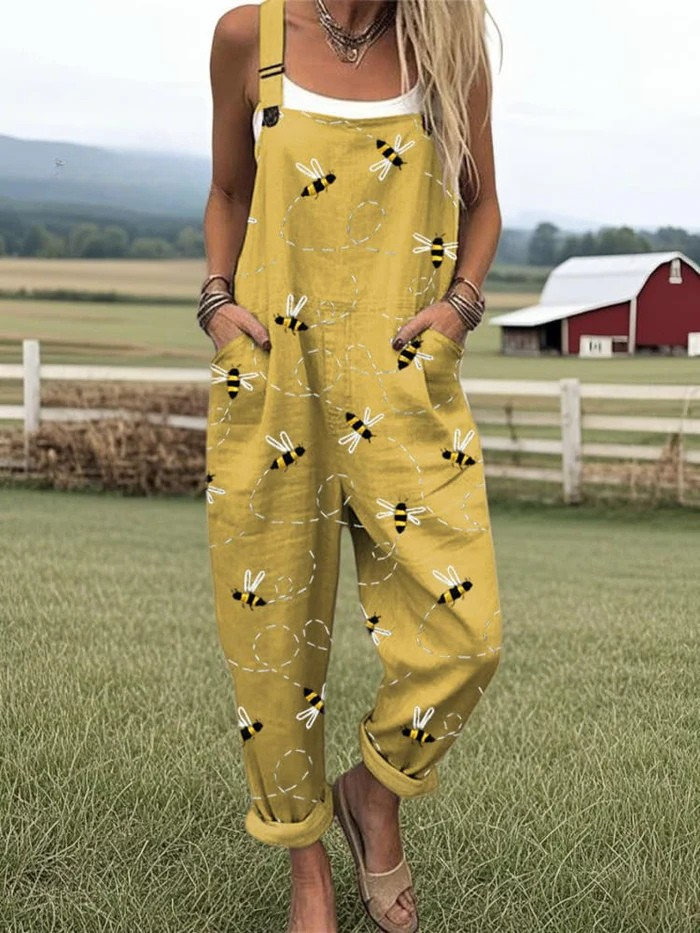 Women's Flying Bees Embroidery Pattern Casual Wide Leg Linen Jumpsuit