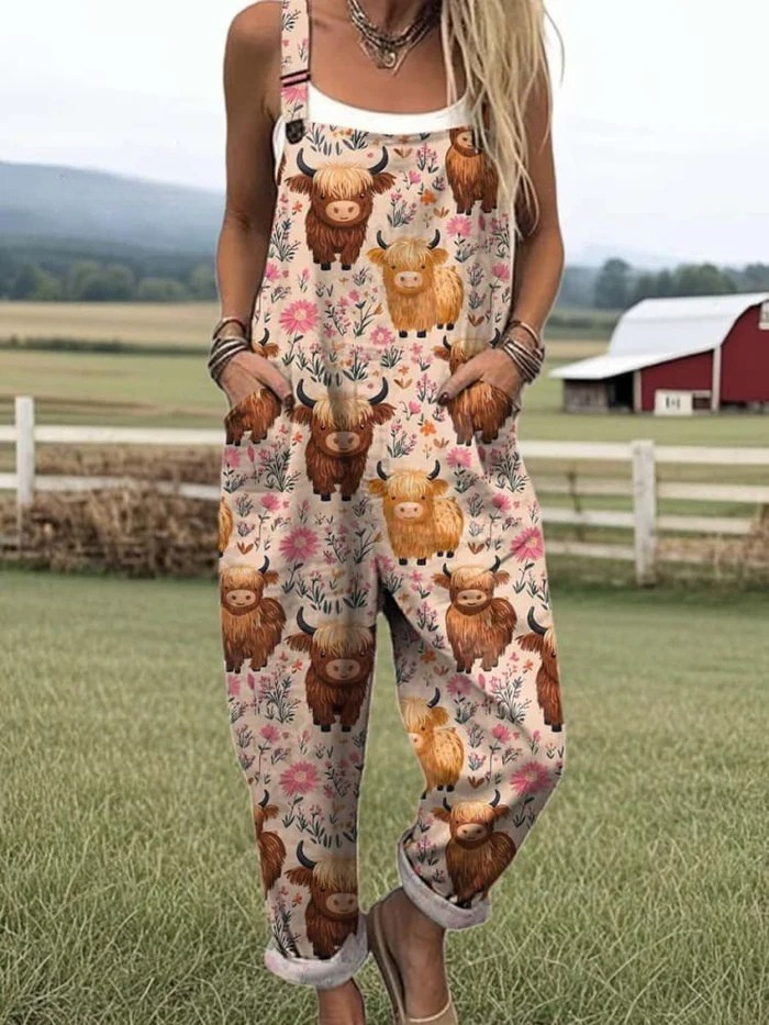 Women's Flying Bees Embroidery Pattern Casual Wide Leg Linen Jumpsuit