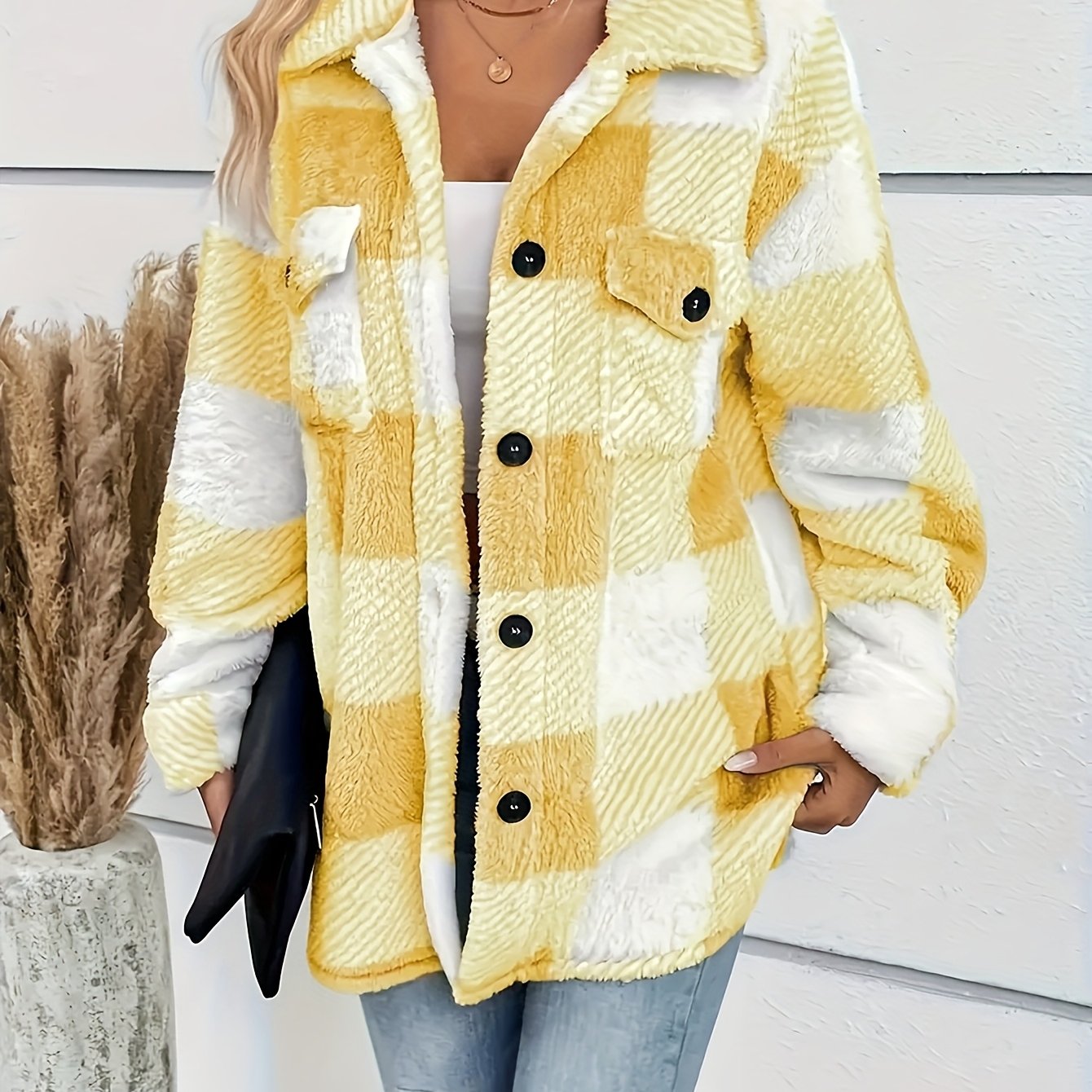 Women's Plush Fleece Winter Jacket - Yellow & White Checkered High Elasticity Coat, Machine Washable Middle Eastern-Inspired Elegance Collection for Fall & Winter