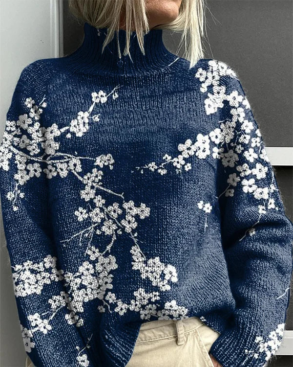 Women's Japanese Floral Print Casual Knit Turtleneck Sweater
