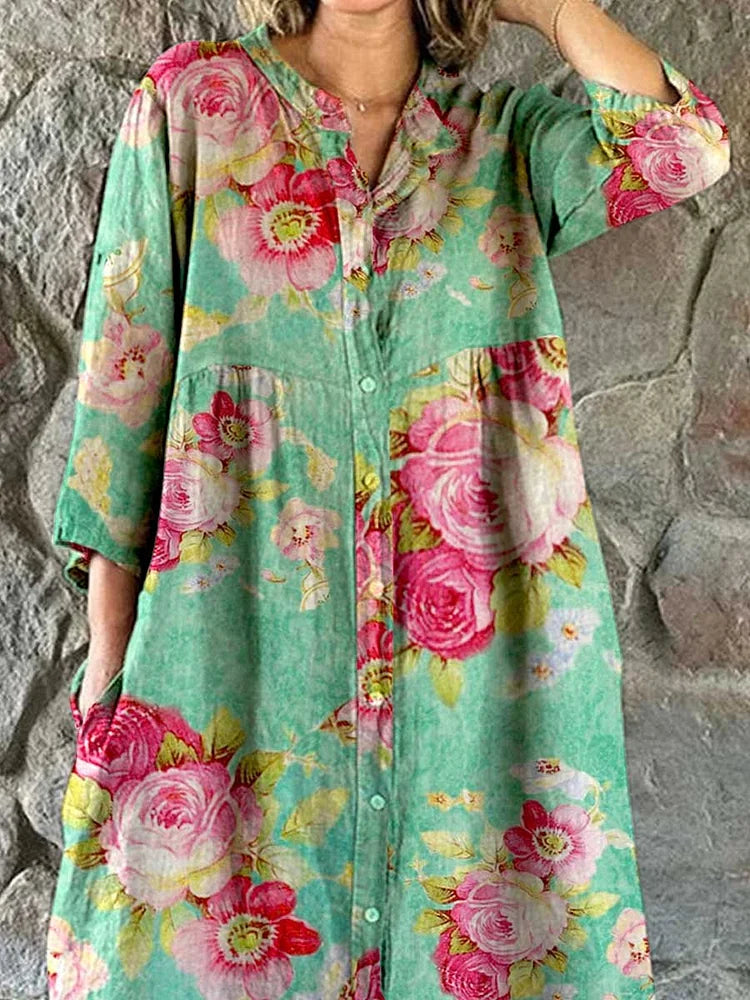 Women's Rose Floral Print Elegant Simple Shirt Cotton and LinenDress