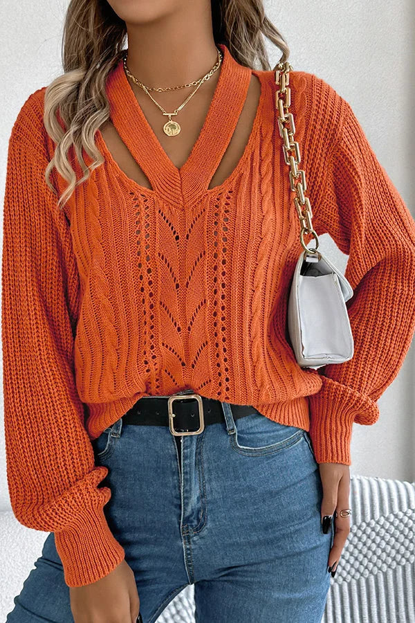 Casual Hollow V-neck Long-sleeved Knitted Sweater