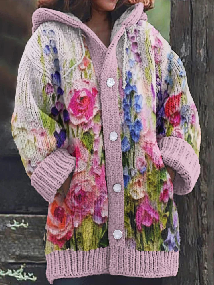 Floral Oil Painting Art Cozy Hooded Cardigan