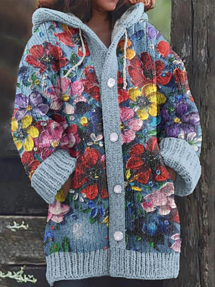 Floral Painting Art Cozy Hooded Cardigan