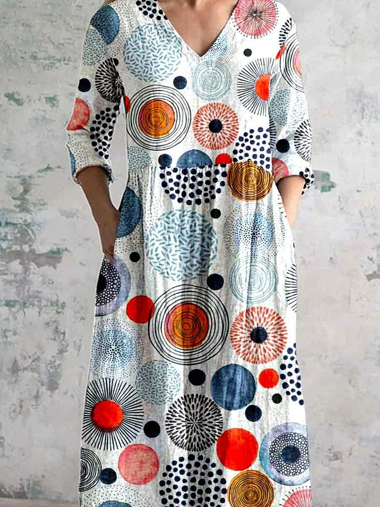 Women's V-neck Seaweed Pattern Resort Style Cotton And Linen Dress With Pockets