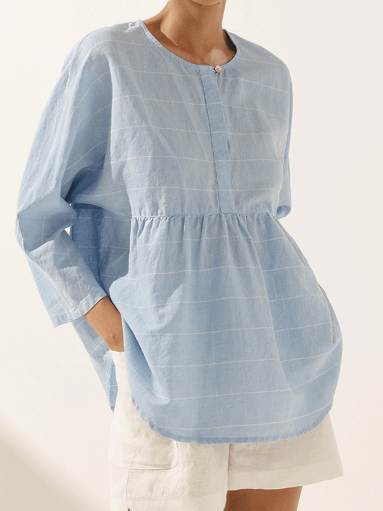 Women's Casual Checked Linen Classic Round Neck Button-Down Shirt
