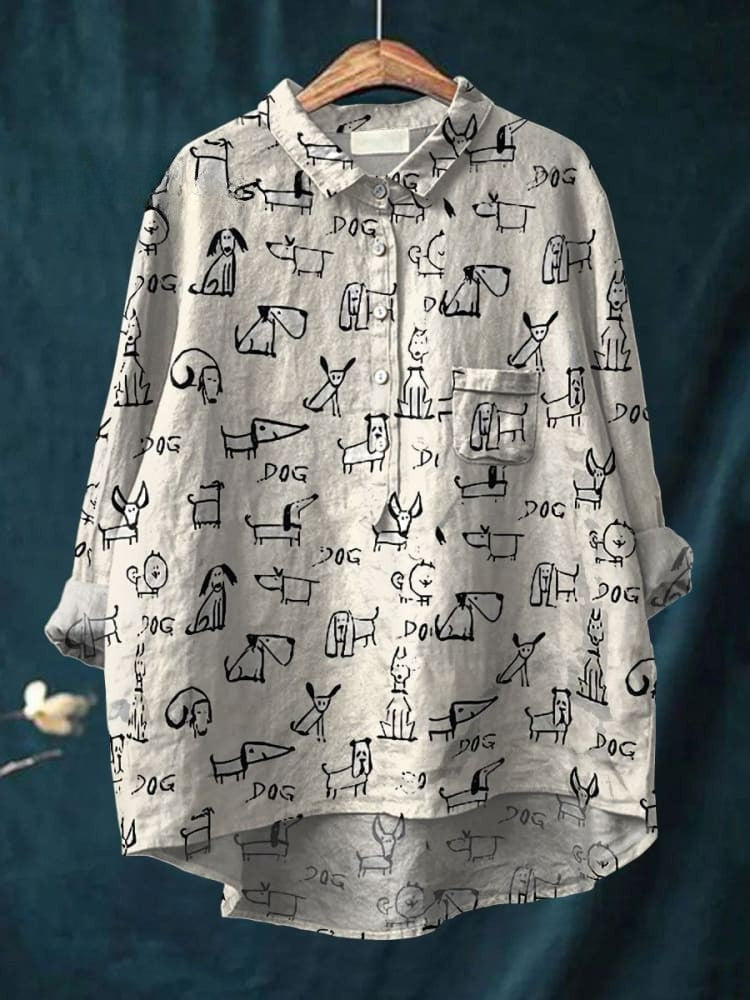 Women's Cute Dog Print Casual Linen Shirt