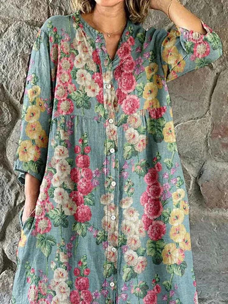 Women's Elegant Vintage Floral Print Shirt Style Cotton and Linen Dress
