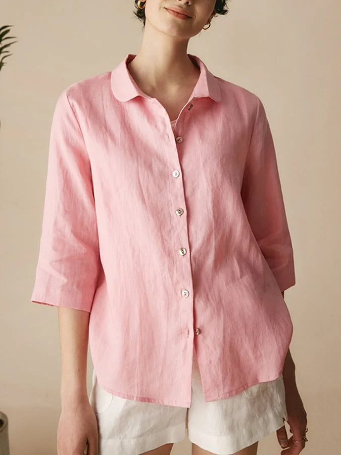 Women'S Linen Casual Peter Pan Collar 3/4 Sleeve Shirt