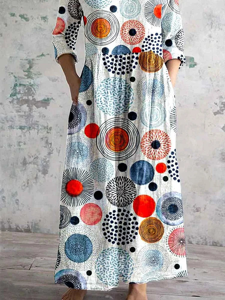 Women's V-neck Seaweed Pattern Resort Style Cotton And Linen Dress With Pockets