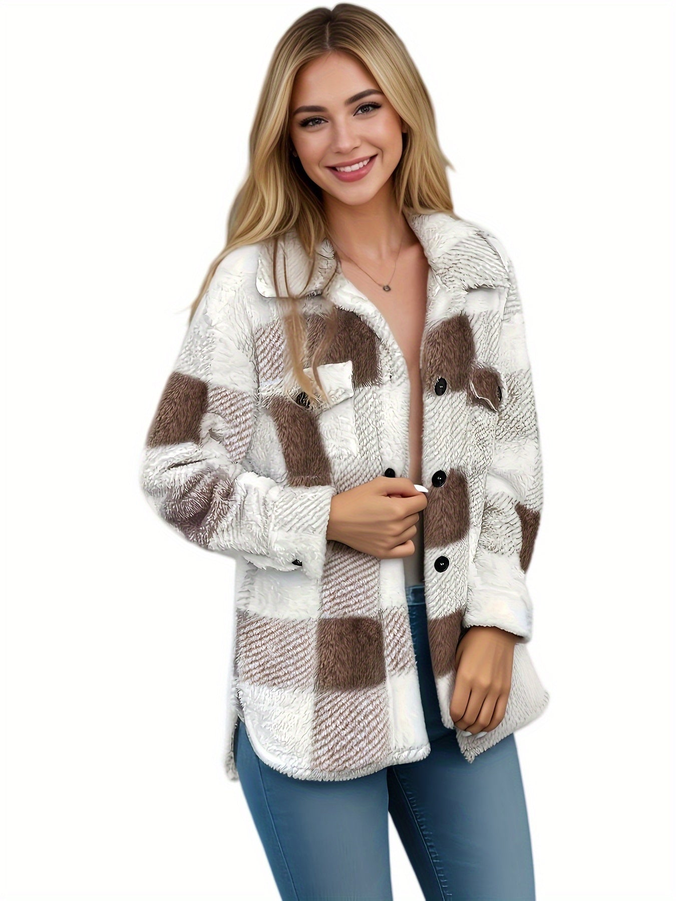 Women's Plush Fleece Winter Jacket - Yellow & White Checkered High Elasticity Coat, Machine Washable Middle Eastern-Inspired Elegance Collection for Fall & Winter
