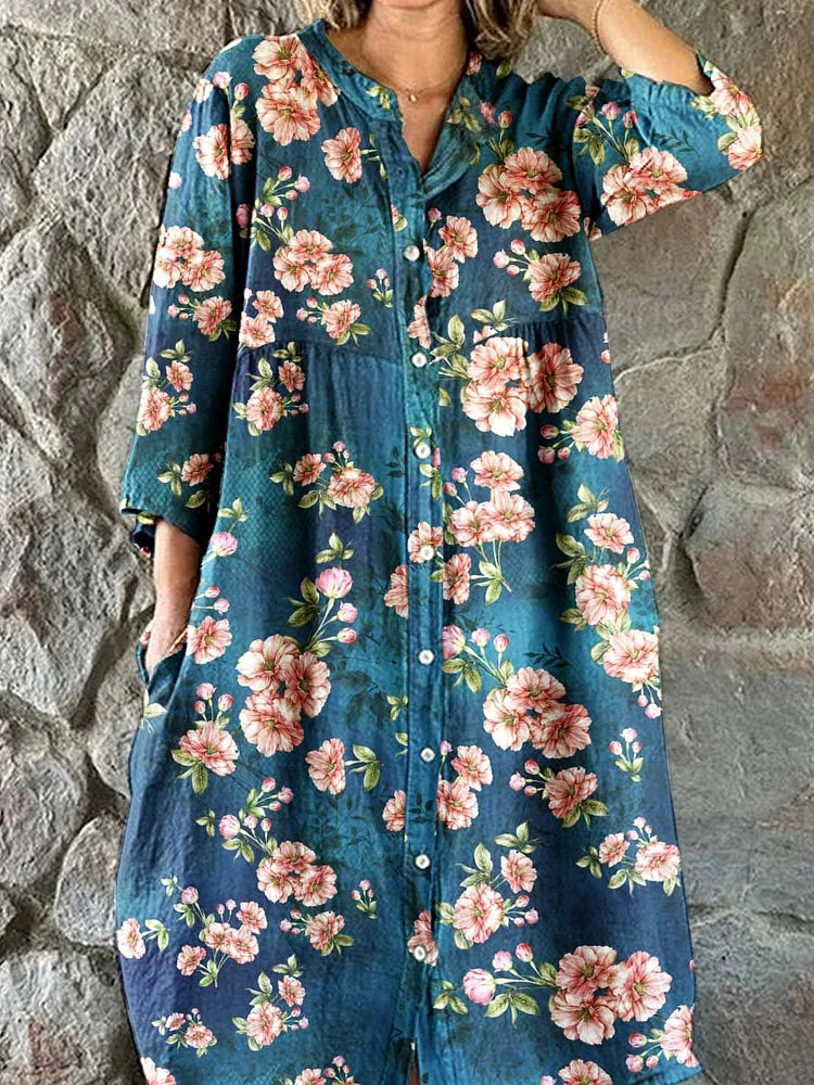 Women's Elegant Rose Floral Print Shirt Style Cotton and Linen Dress