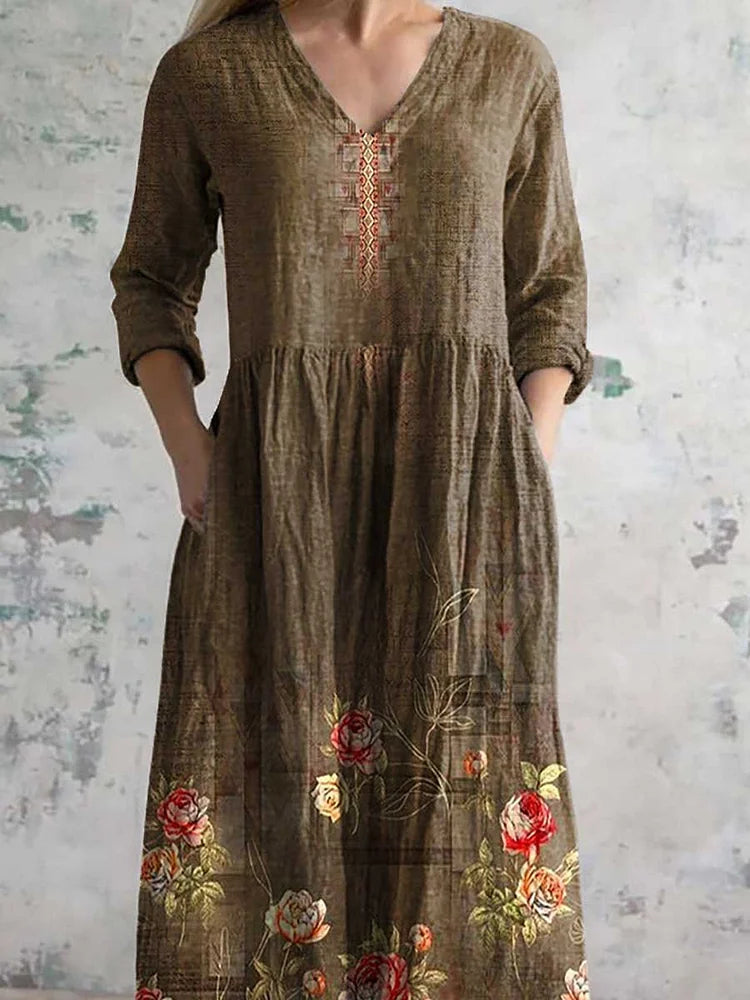 Women's Vintage Floral Print Casual Cotton Dress