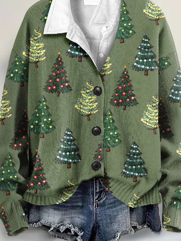 Lovely Christmas Tree Art Print Buttoned V-neck Cardigan Sweater