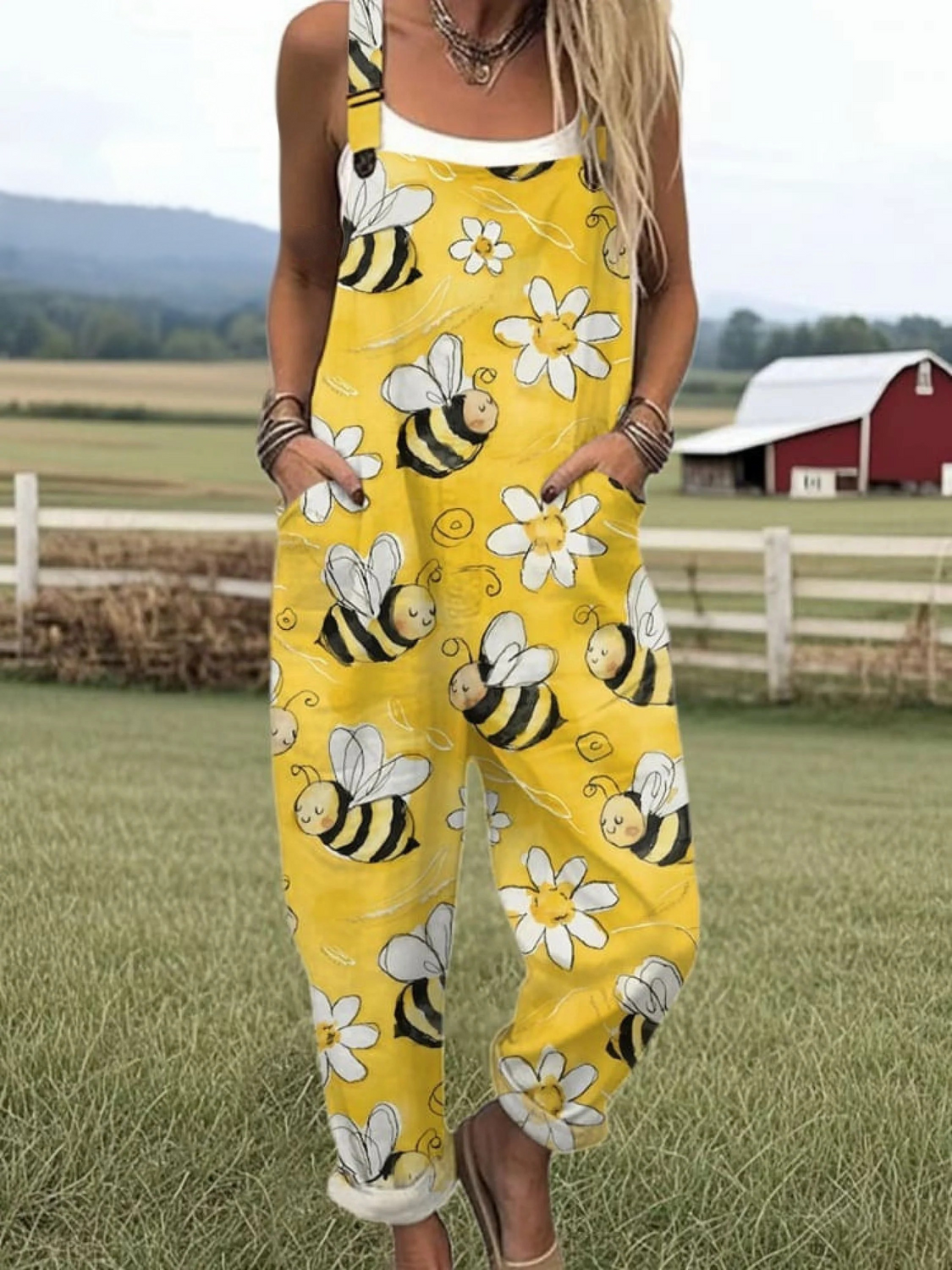 Women's Flying Bees Pattern Casual  Wide Leg Linen Jumpsuit