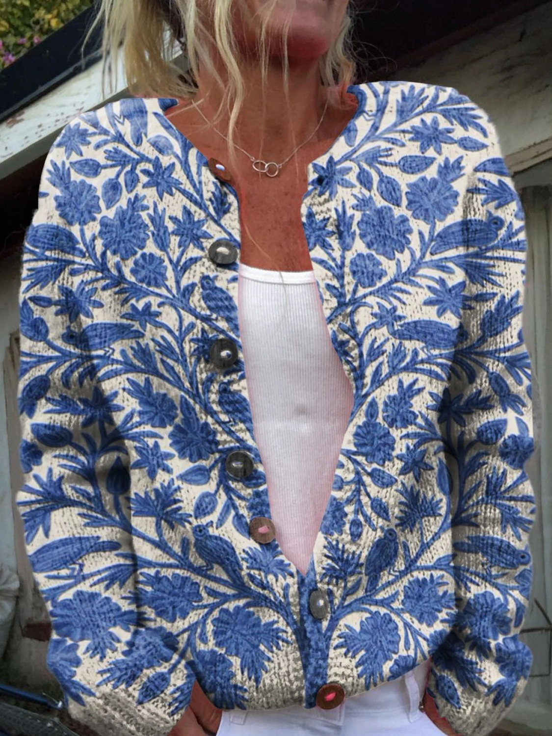 Indian Artistic Floral Vintage Print Cardigan with Buttons