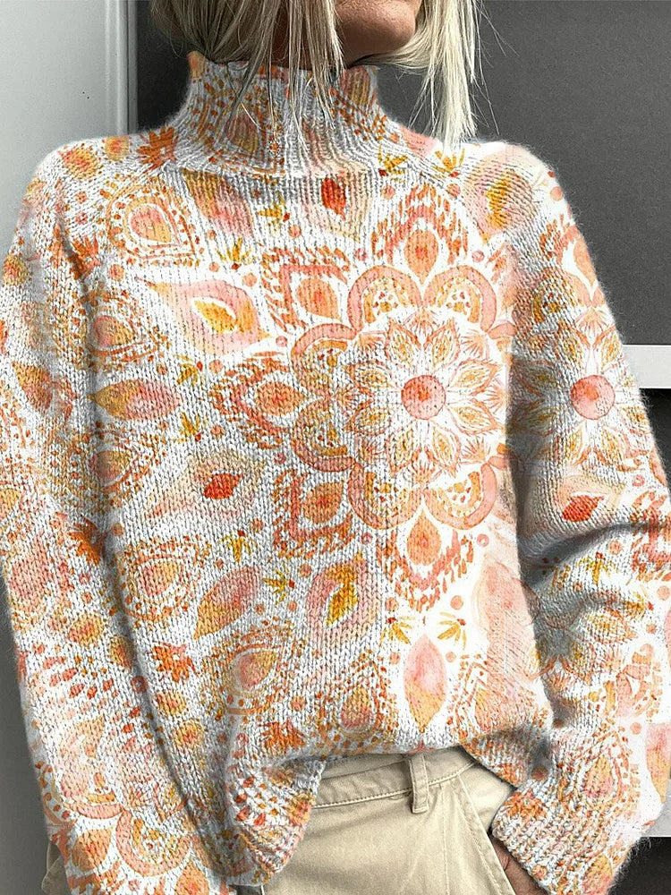 Women's Vintage Floral Pattern Art Print Knitted Turtleneck Pullover Sweater