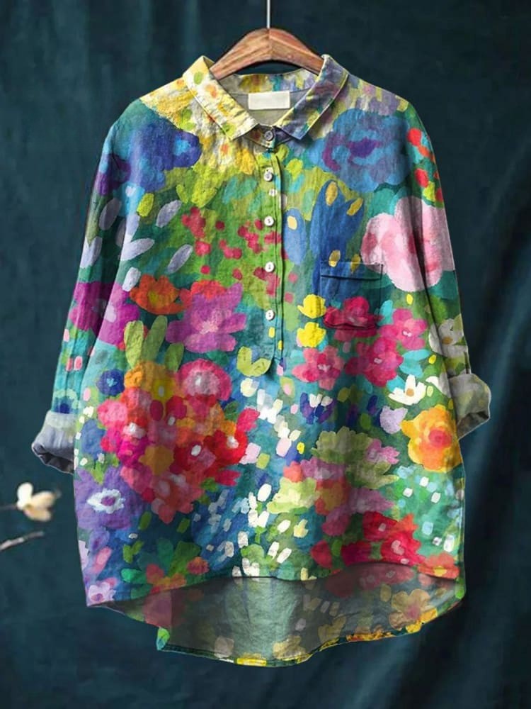 Women's Vintage Lovely Floral Art Print Casual Linen Shirt