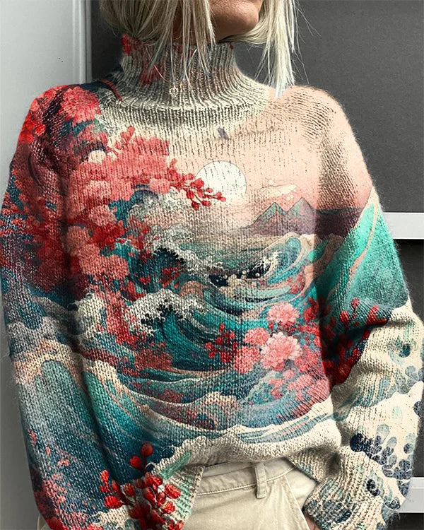 Women's Japanese Floral Print Casual Knit Turtleneck Sweater