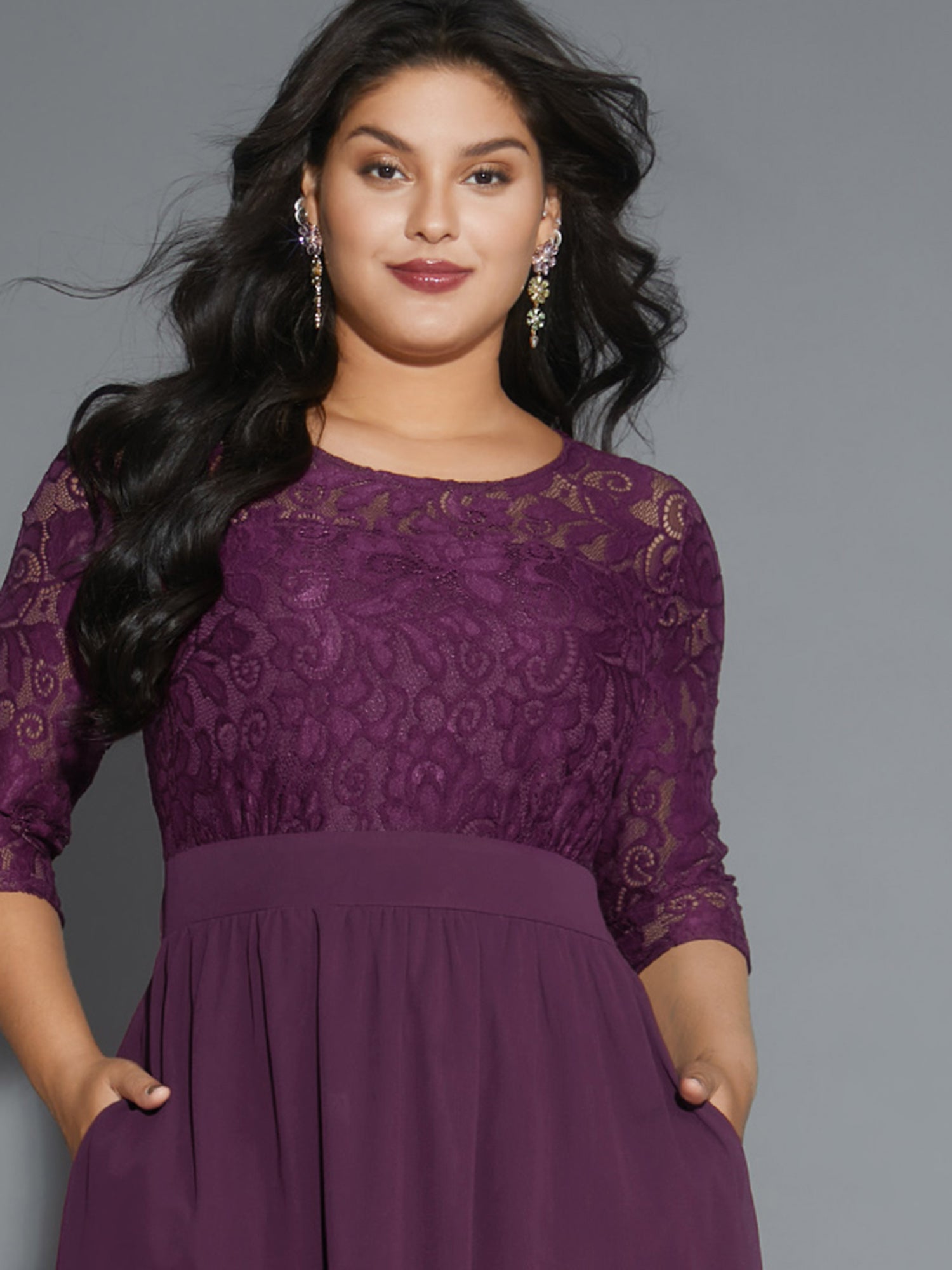 Lace Patchwork Shirred Midi Pocket Dress