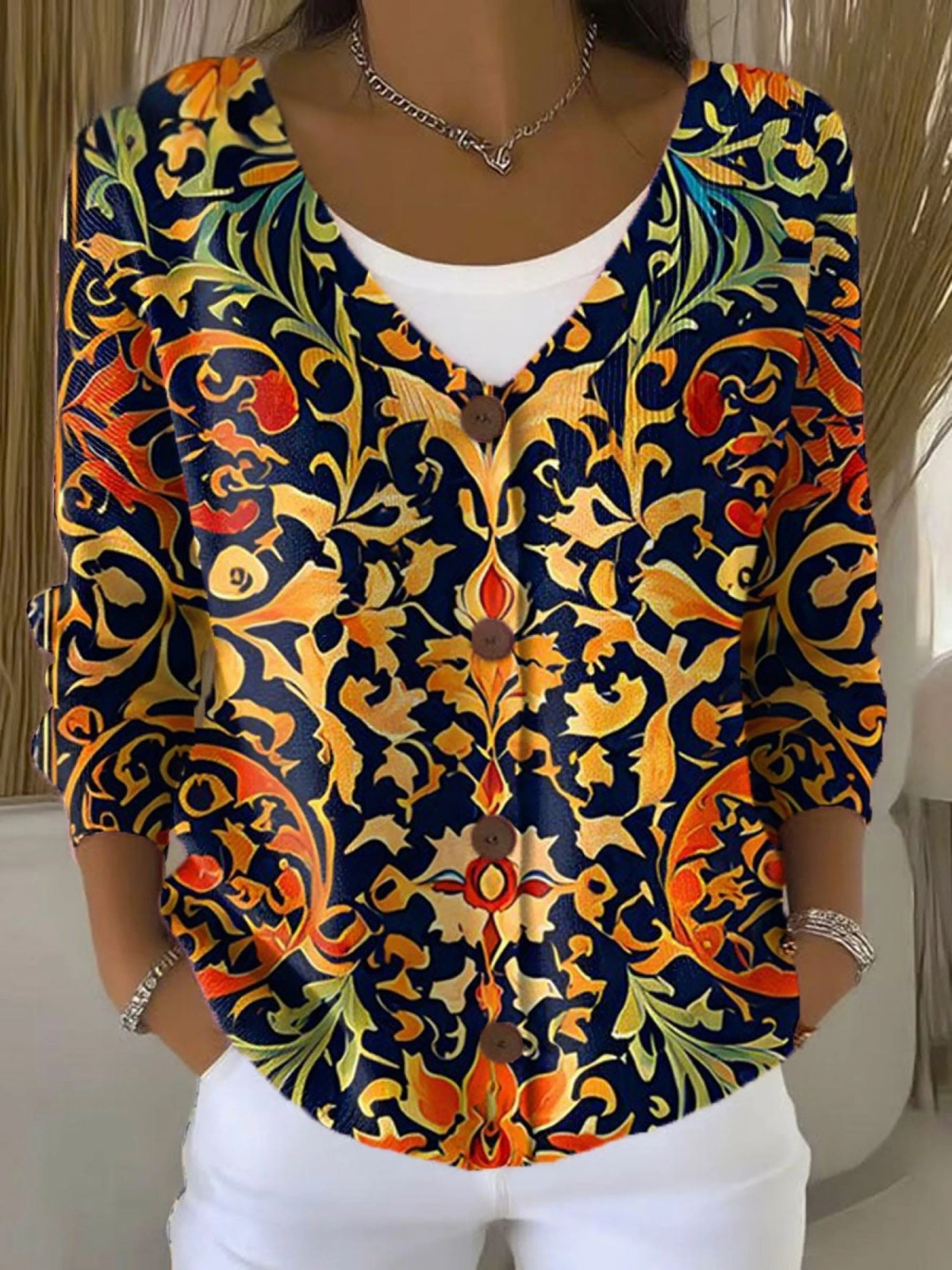 Women's Vintage Flower Art Print Linen Pocket Tunic Dress
