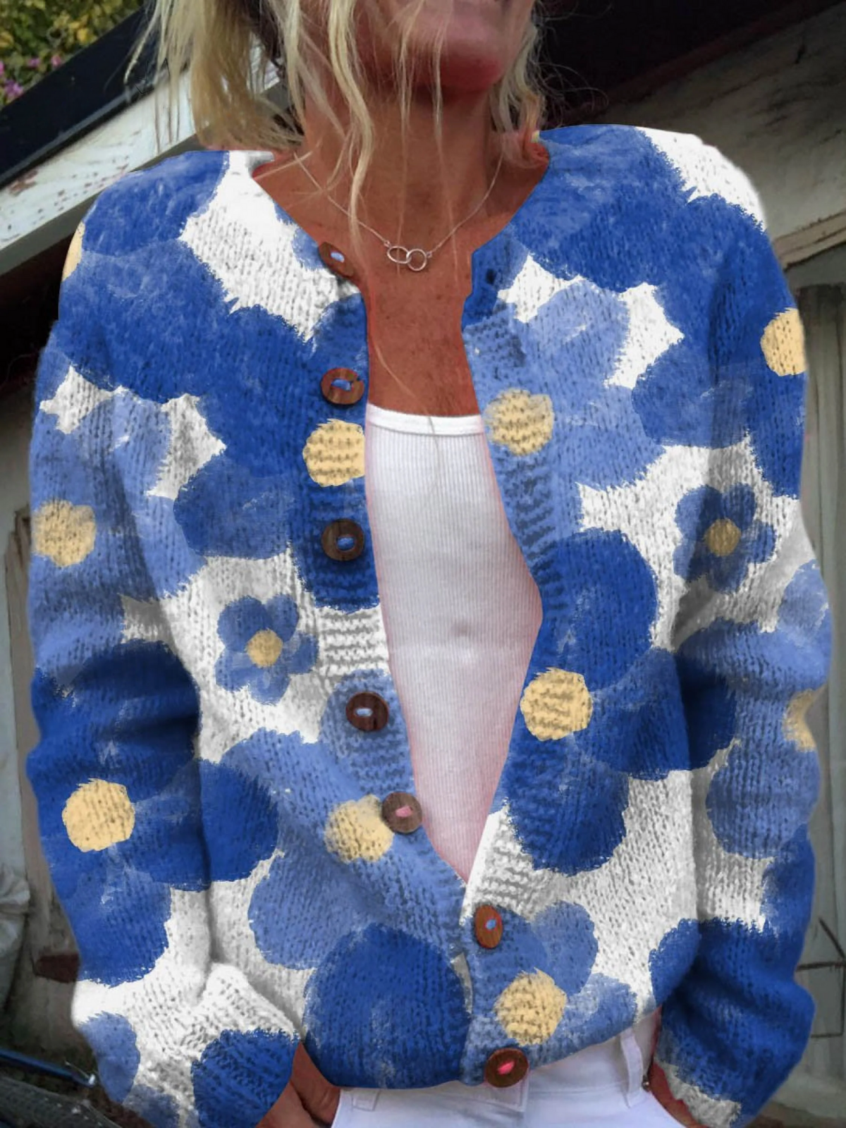 Simple Blue Flower Decorative Pattern Buttoned Cardigan Sweater