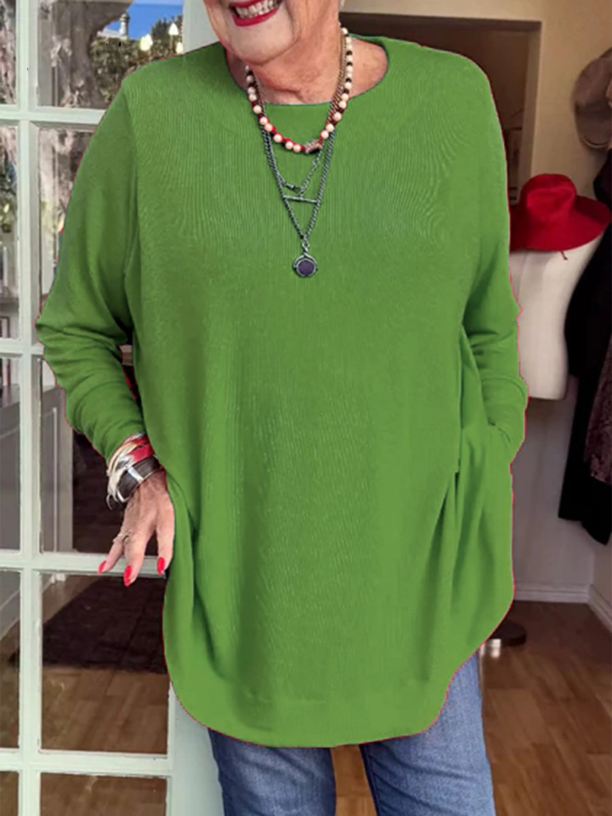 Button-back Crew Neck Top