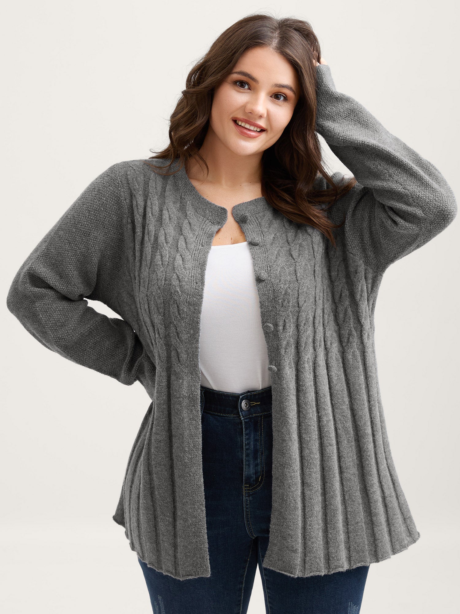 Cable Knit Round Neck Button Knit Cardigan