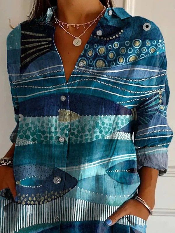 Watercolor Sea Fish Pattern Printed Women's Casual Cotton Shirt