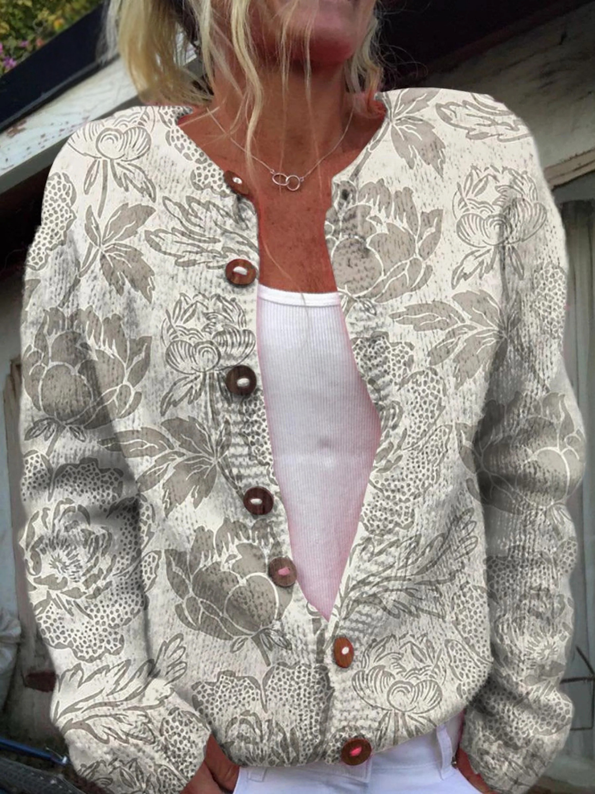 Women's Lovely Floral Art Print Buttoned Cardigan Sweater