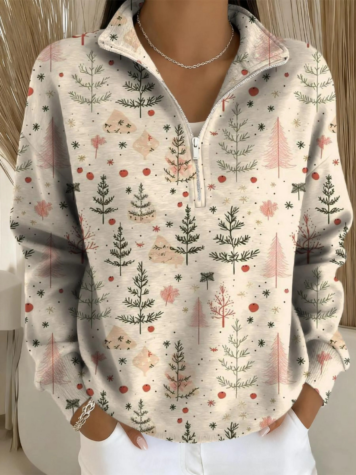 Women's Christmas Tree Art Print Casual Long Sleeve Zip Sweatshirt