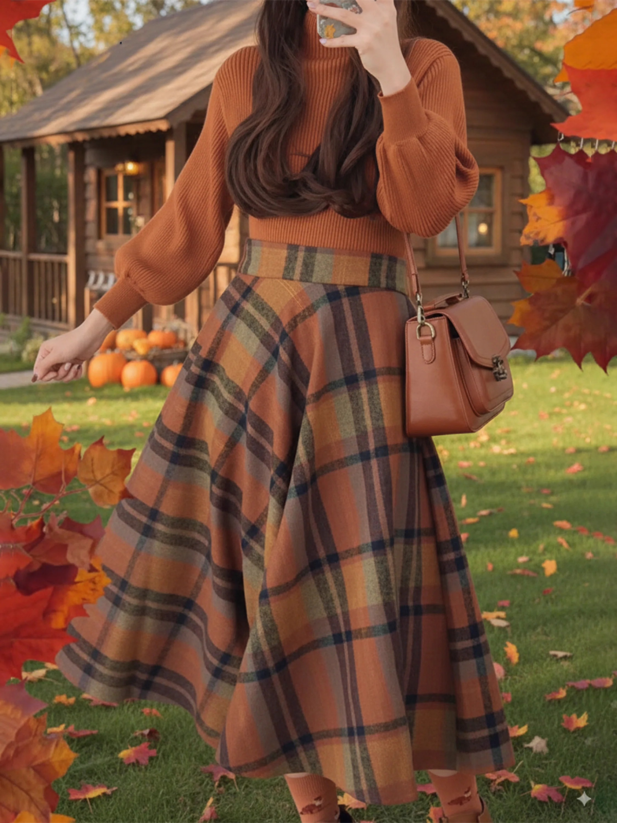 Caramel Pumpkin Lantern Sleeve Sweater Top Plaid Skirt Two-Piece Set