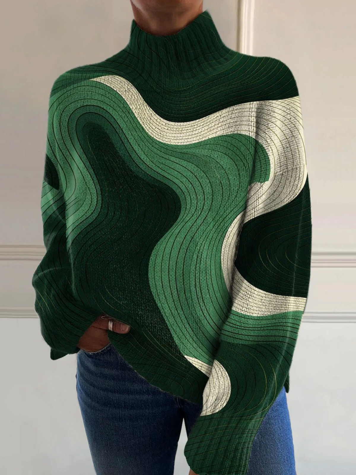 Vintage Green Color Block Wave Art Print Knit Turtleneck Pullover Sweater