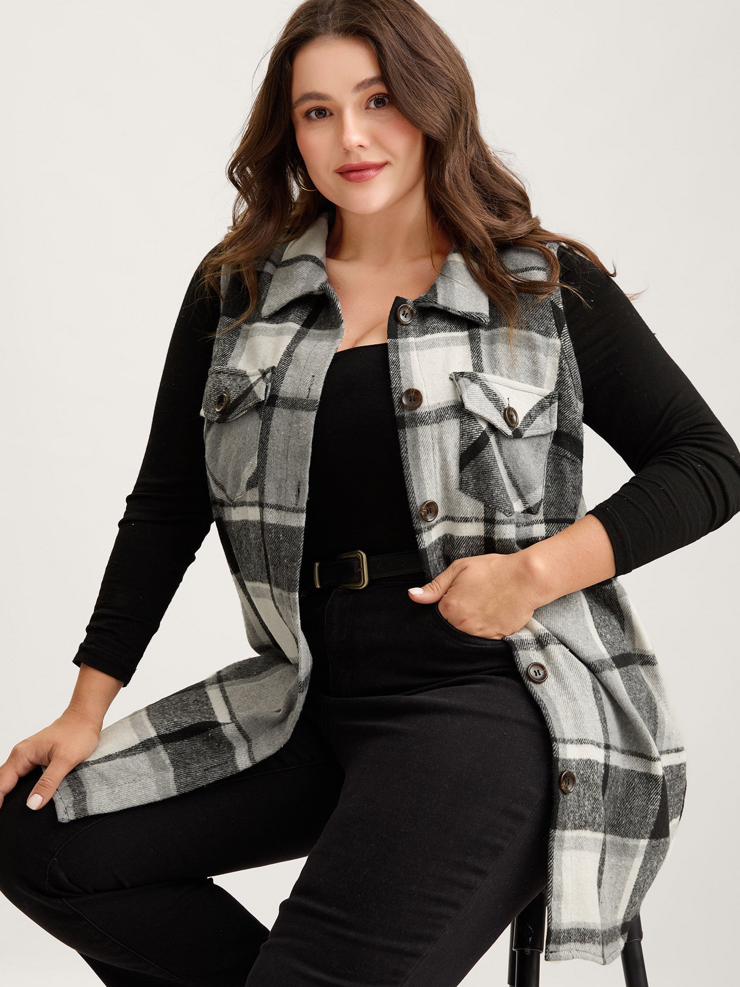 Plaid Flap Detail Sleeveless Jacket