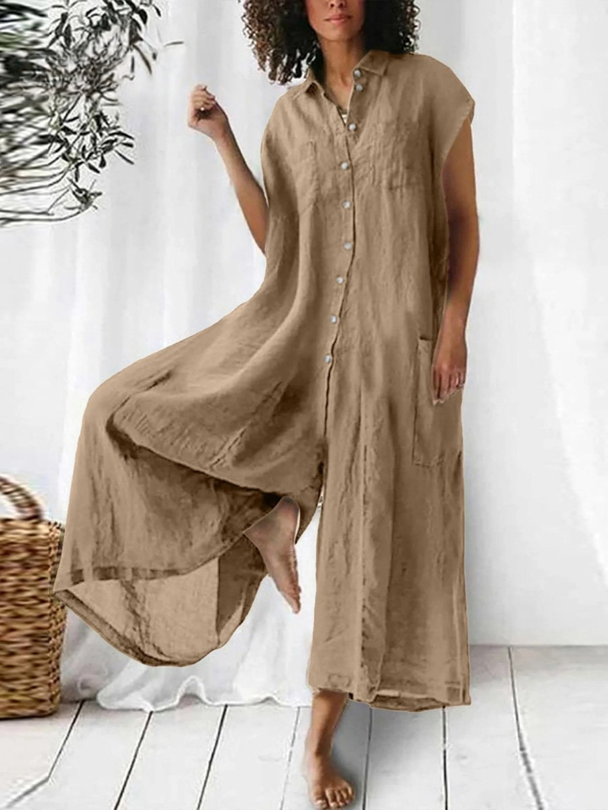 Women's Cotton And Linen Solid Color Short Sleeve Jumpsuit