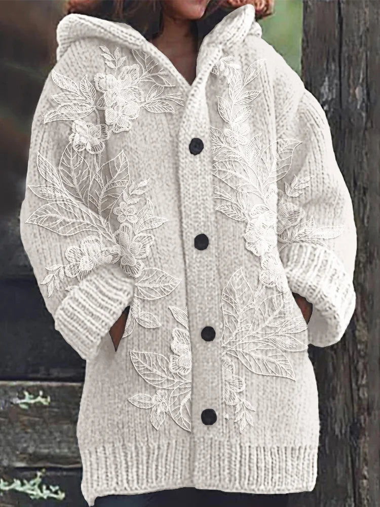 Classy Floral 3d Embroidered Lace Cozy Knit Hooded Cardigan