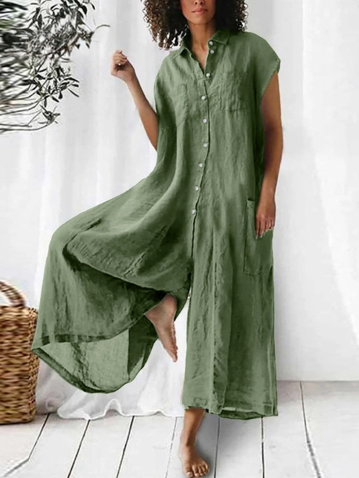Women's Cotton And Linen Solid Color Short Sleeve Jumpsuit