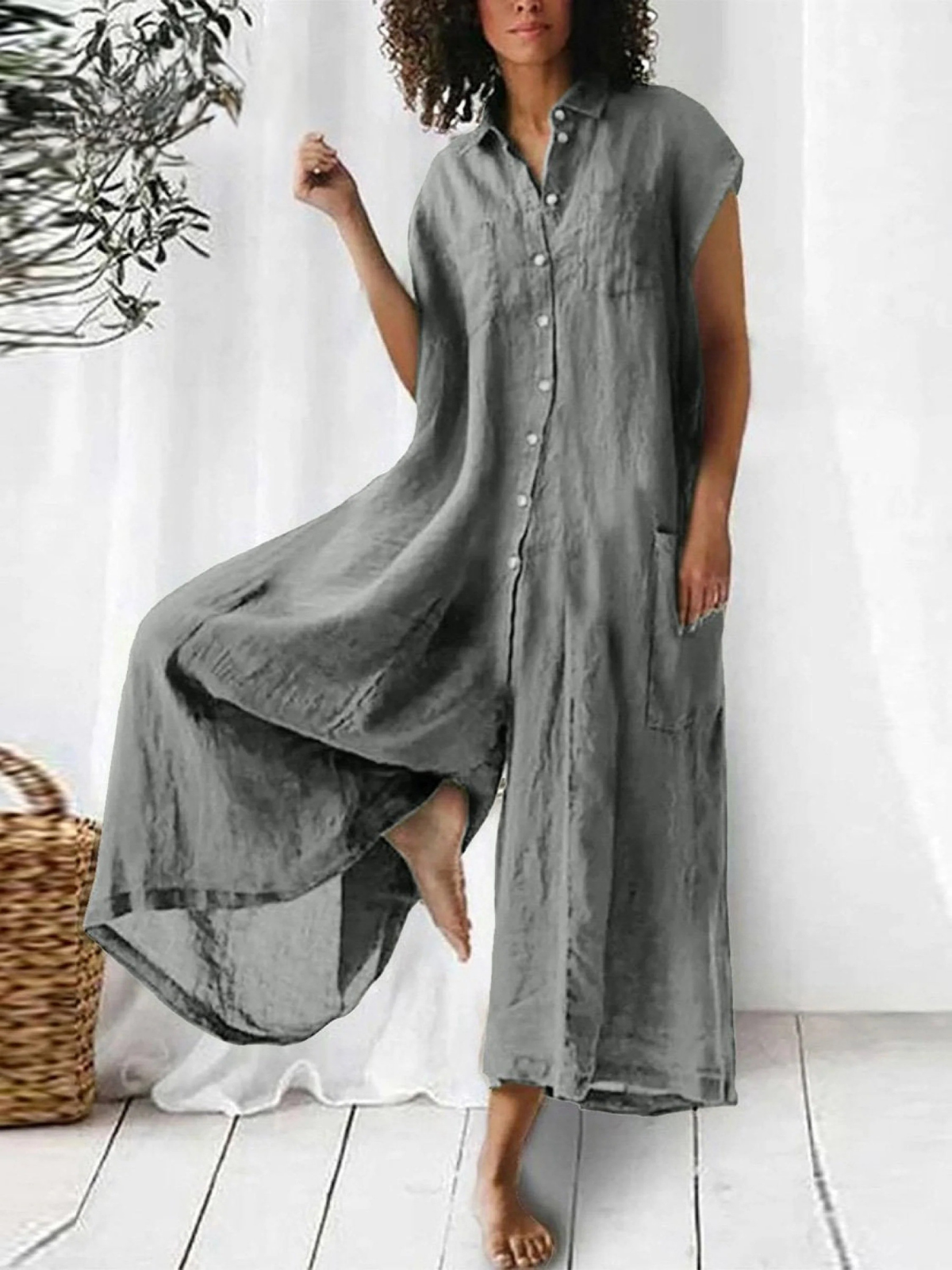 Women's Cotton And Linen Solid Color Short Sleeve Jumpsuit