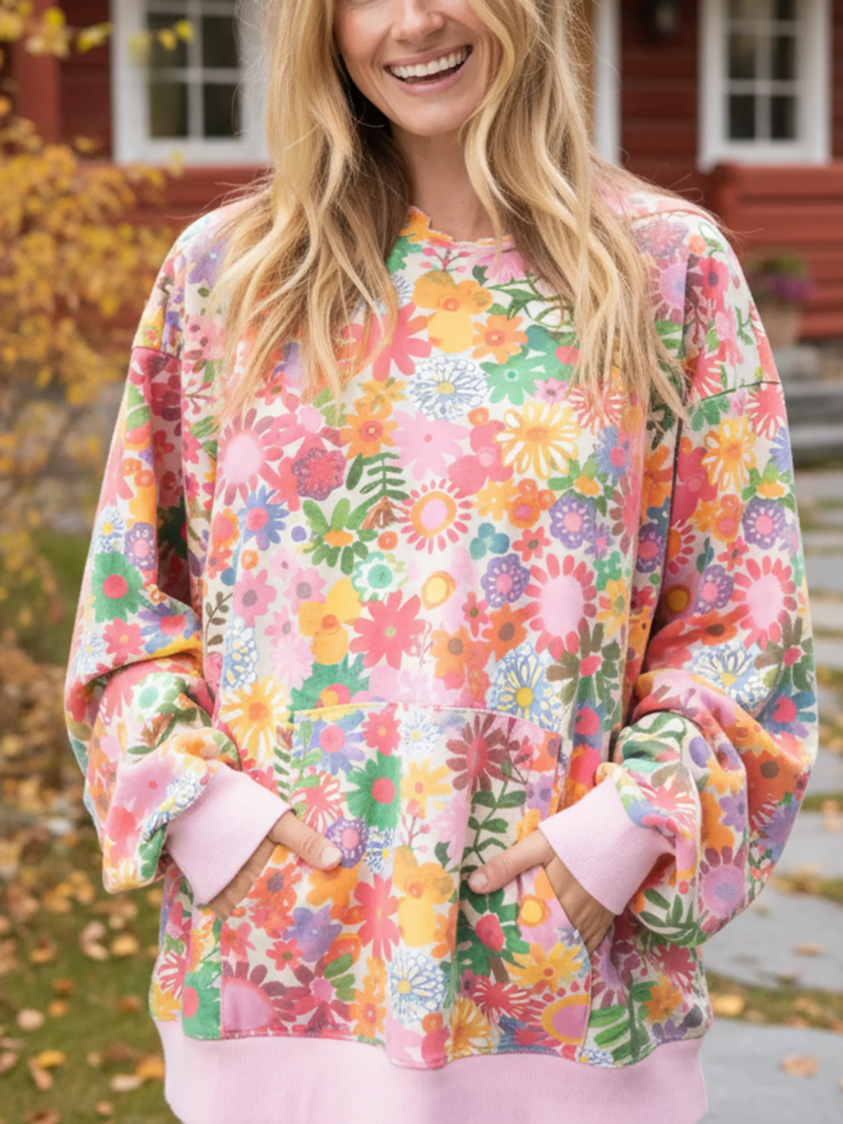 Women's Boho Floral Print Colorblock Cuff Cotton Hoodie