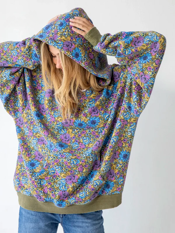 Women's Boho Floral Print Colorblock Cuff Cotton Hoodie