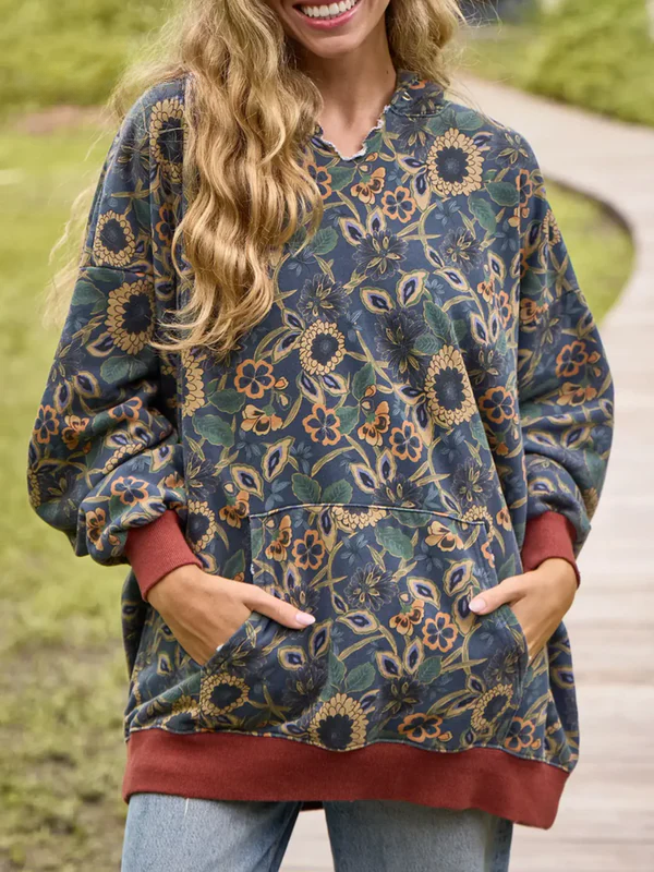 Women's Boho Floral Print Colorblock Cuff Cotton Hoodie