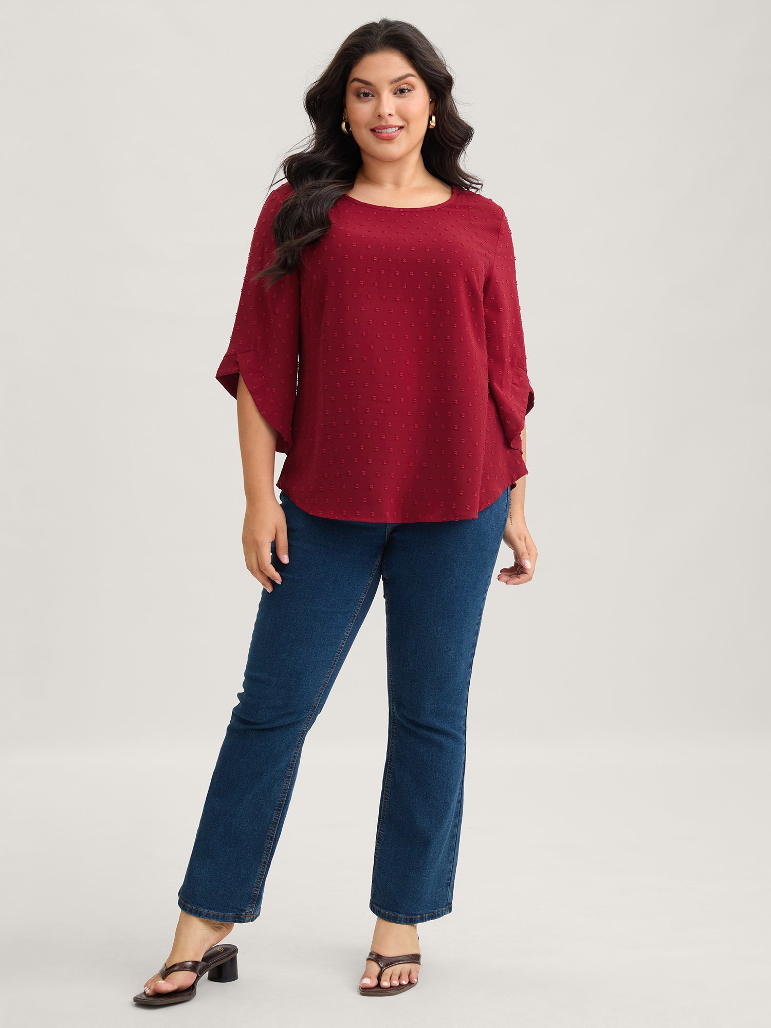 Textured Round Neck Bell Sleeve Blouse