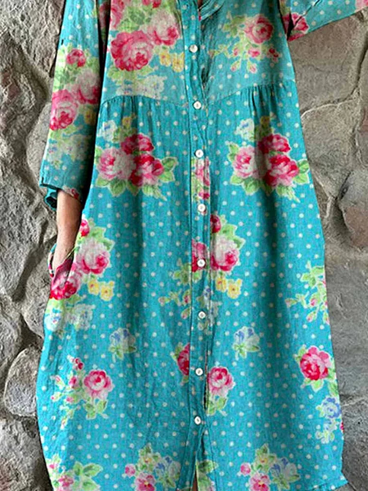 Women's Elegant Rose Polka Dot Floral Print Shirt Style Cotton and Linen Dress