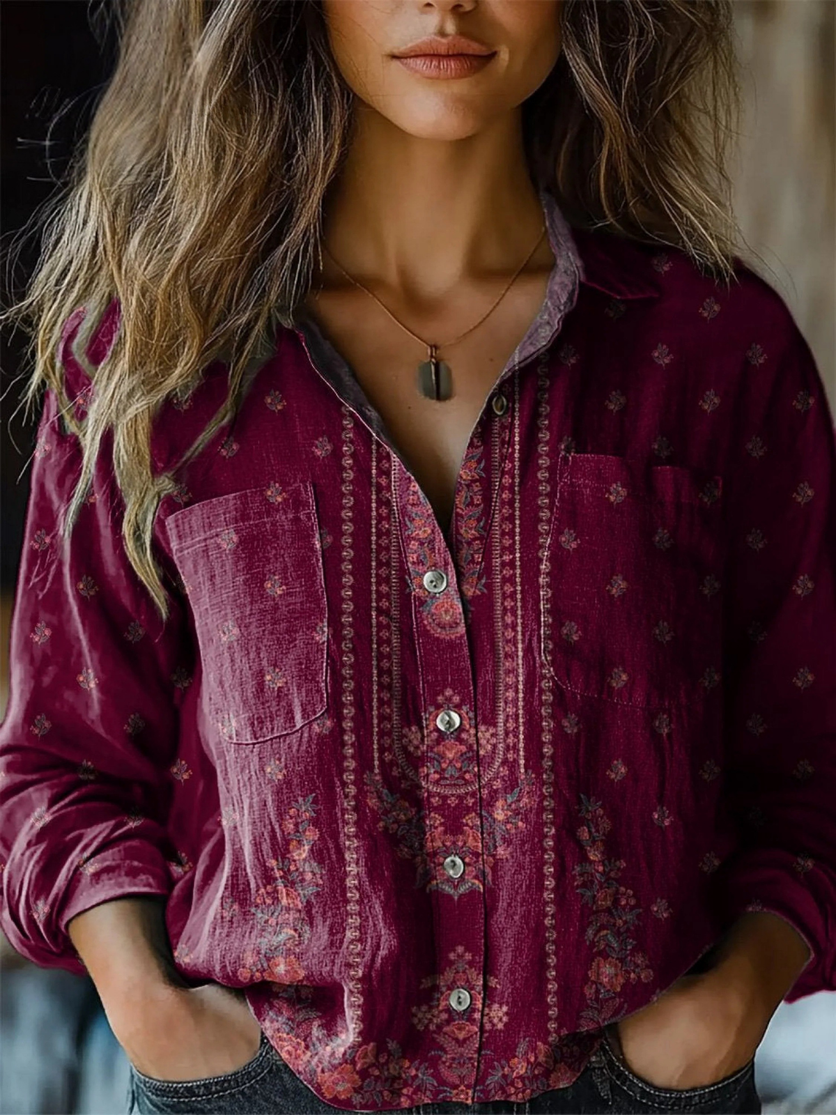 Simple Ethnic Floral Pattern Printed Women's Casual Long Sleeve Comfortable Cotton Shirt