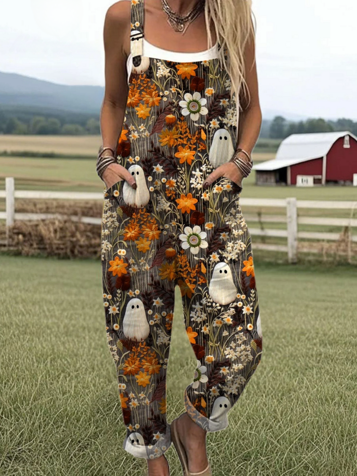 Women's Ghost Flower Art Print Casual 100% Cotton Wide Leg Jumpsuit