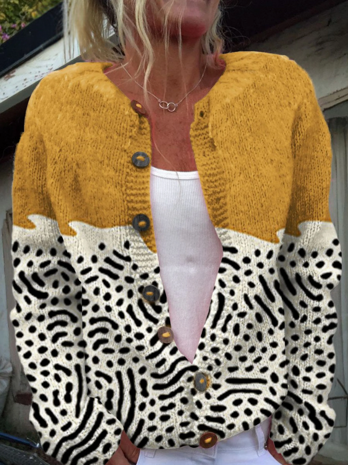 Retro Abstract Geometric Art Print Buttoned Casual Cardigan  Sweater