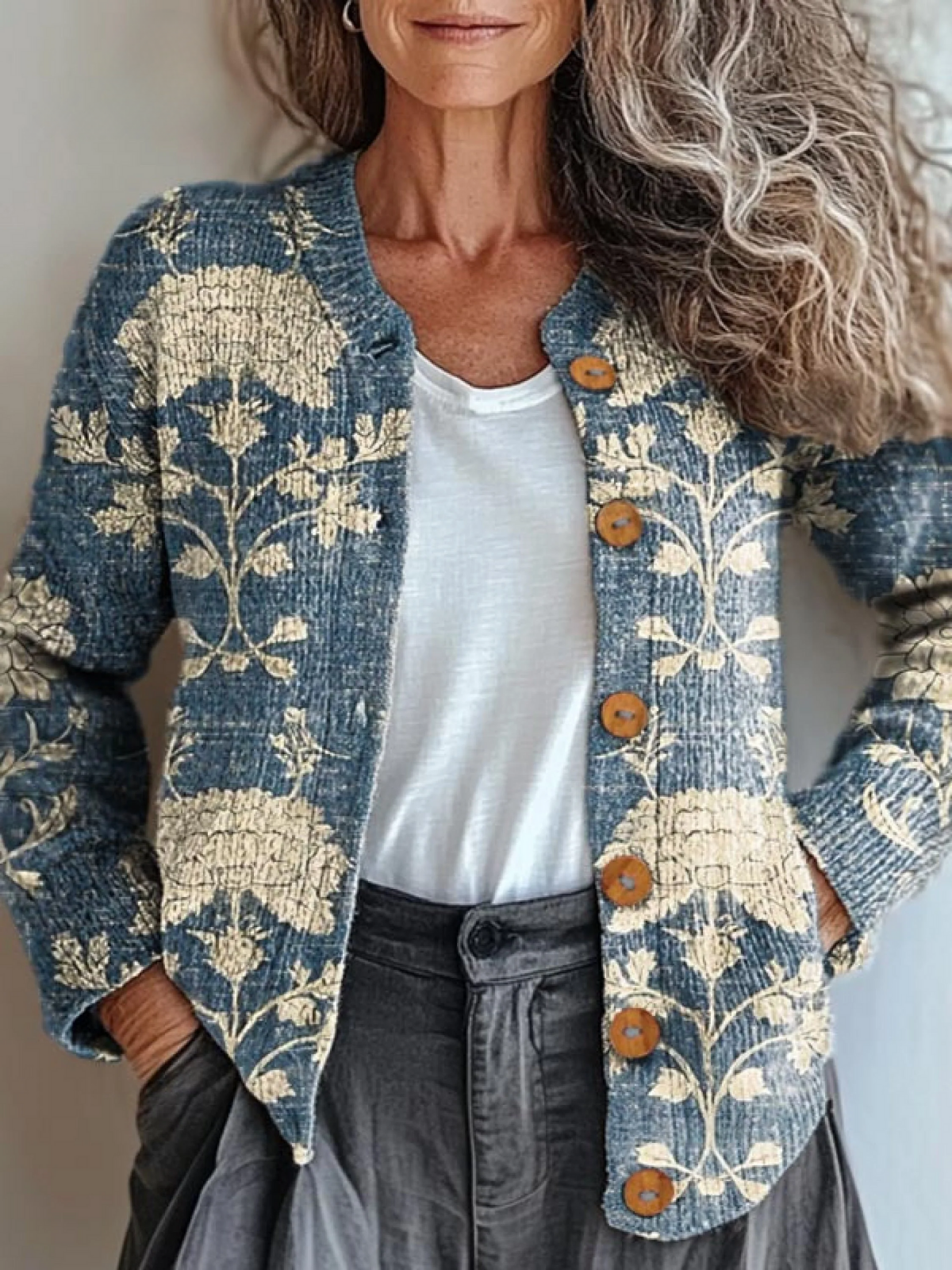 Women's Vintage Lovely Floral Art Print Buttoned Cardigan Sweater