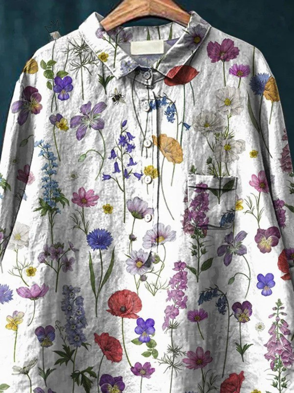 Spring Botanical Garden Pattern Printed Women's Casual Cotton And Linen Shirt