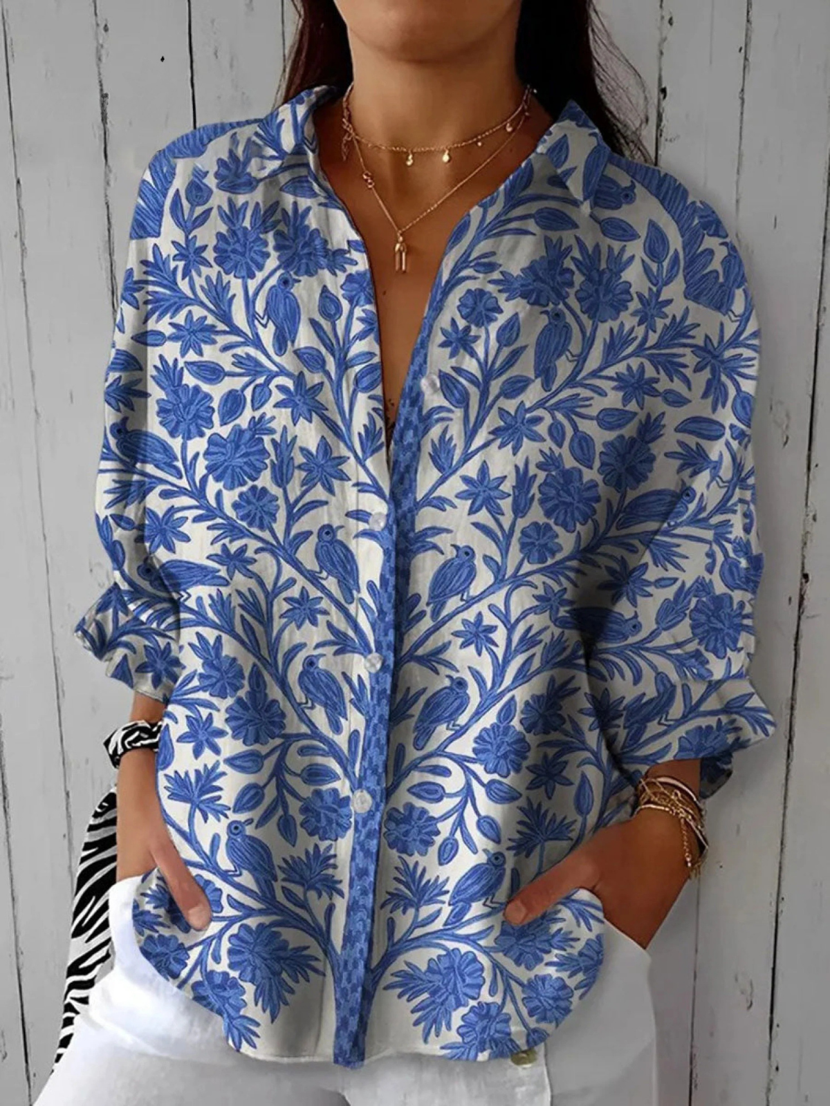 Women's  Vintage Floral Art Print Casual Linen V-neck Shirt