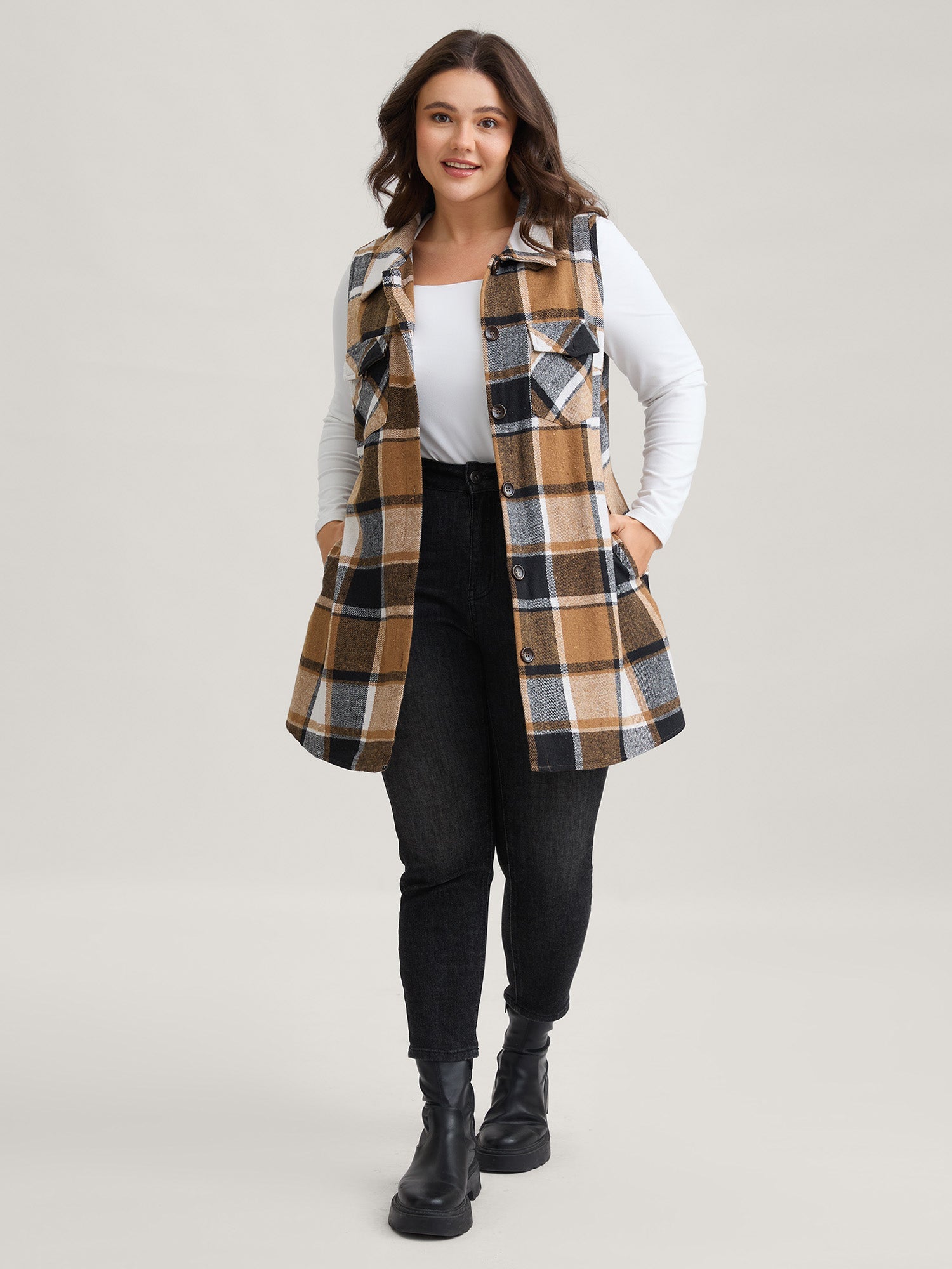 Plaid Flap Detail Sleeveless Jacket